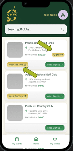 NMYSG app booking screen with prize highlight